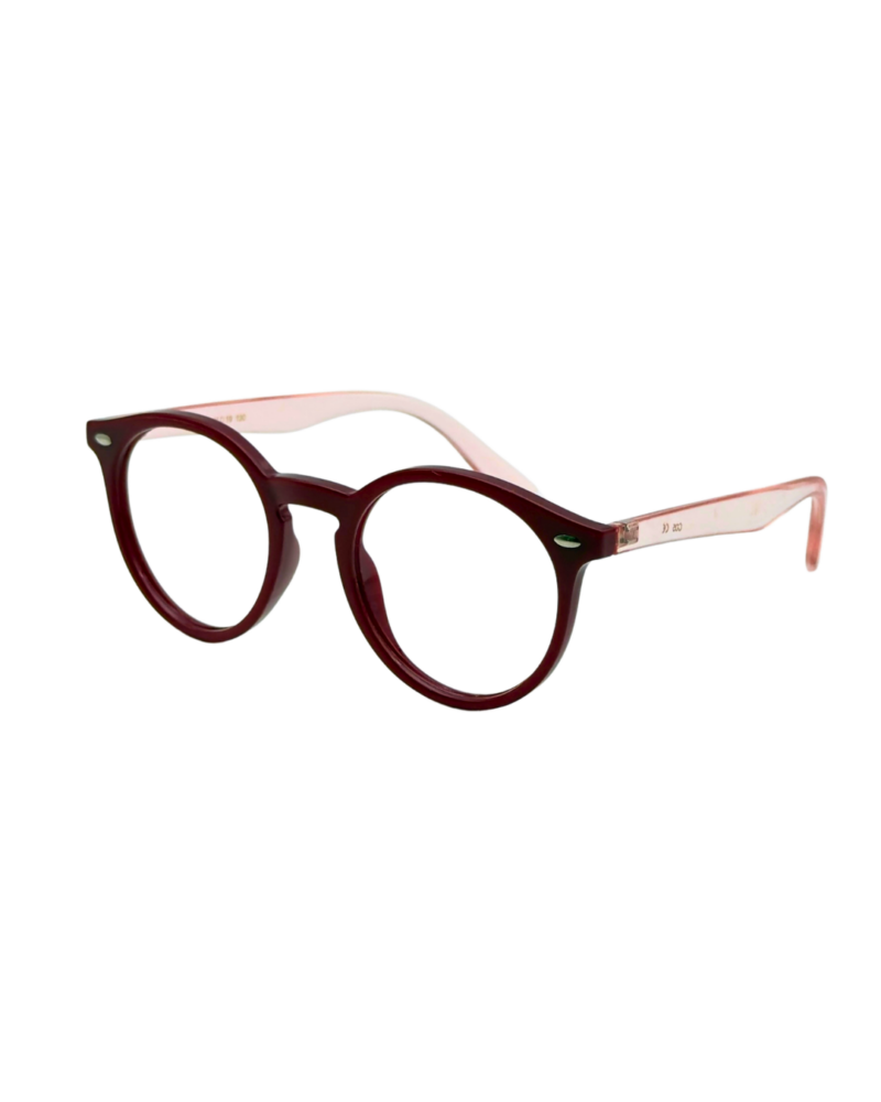 Lunettes de vue enfant PRESTIGIO forme pantos bordeaux avec branches rose poudré translucide vue trois quarts