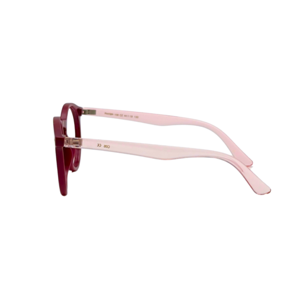 Branche latérale rose poudré translucide des lunettes de vue enfant PRESTIGIO avec charnières et marquage CE