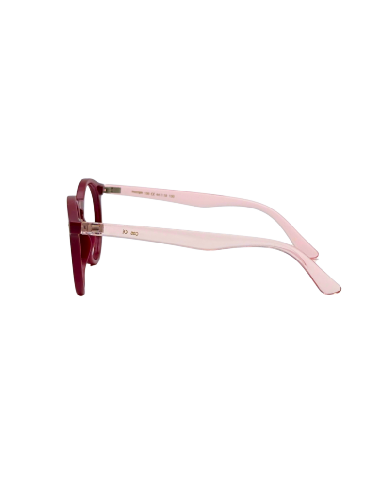 Branche latérale rose poudré translucide des lunettes de vue enfant PRESTIGIO avec charnières et marquage CE