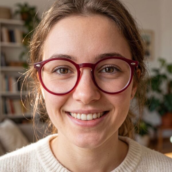 Jeune fille portant les lunettes de vue enfant Prestigio pantos bordeaux avec pont clé ergonomique
