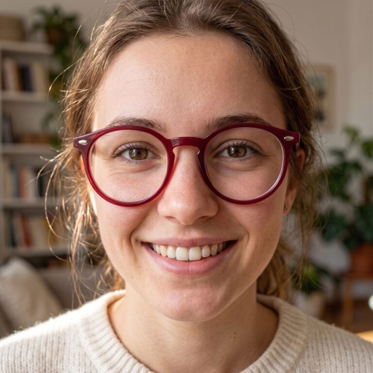 Jeune fille portant les lunettes de vue enfant Prestigio pantos bordeaux avec pont clé ergonomique