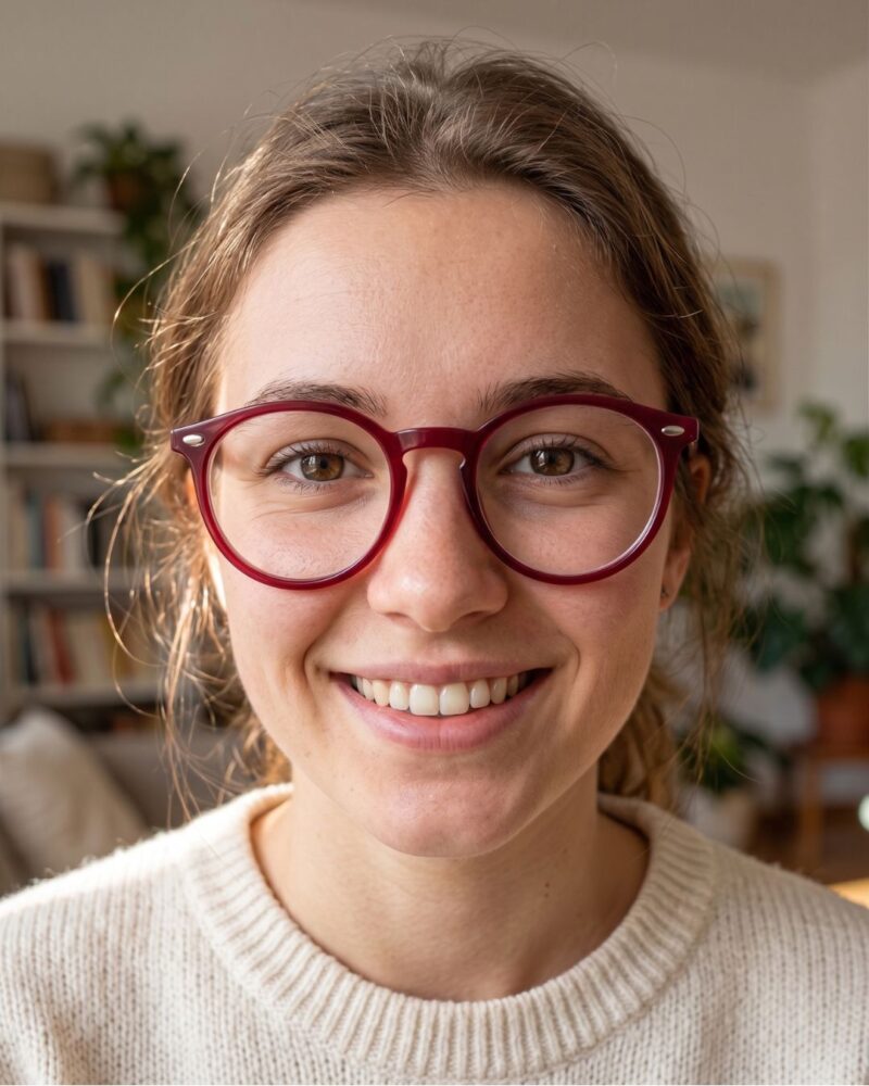 Jeune fille portant les lunettes de vue enfant Prestigio pantos bordeaux avec pont clé ergonomique