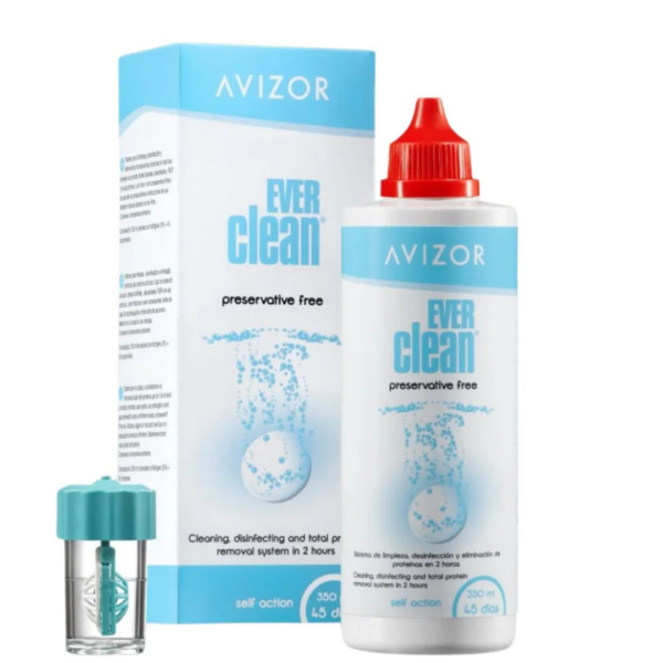 Pack de solution au peroxyde sans conservateur Avizor Ever Clean Plus 350 ml avec son flacon, sa boîte et son étui ventilé à panier. Légende :