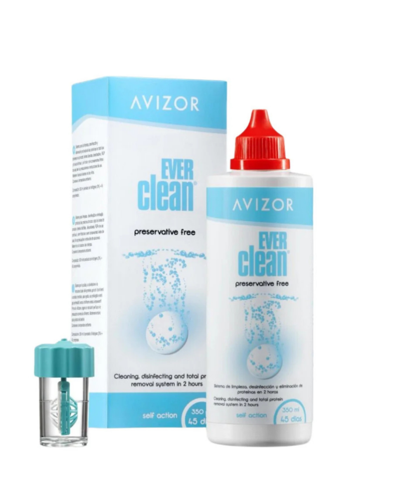 Pack de solution au peroxyde sans conservateur Avizor Ever Clean Plus 350 ml avec son flacon, sa boîte et son étui ventilé à panier. Légende :