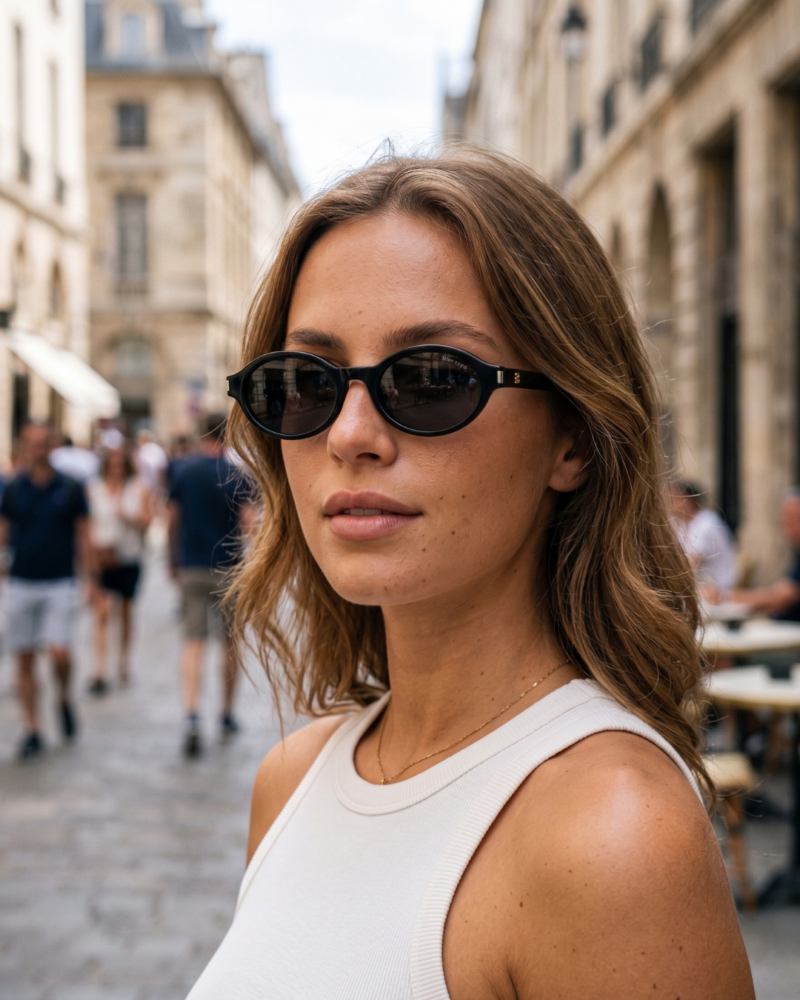 Portrait d'une femme portant les lunettes de soleil rétro BLUE EYES AT1148 en acétate noir et verres gris foncé fumé