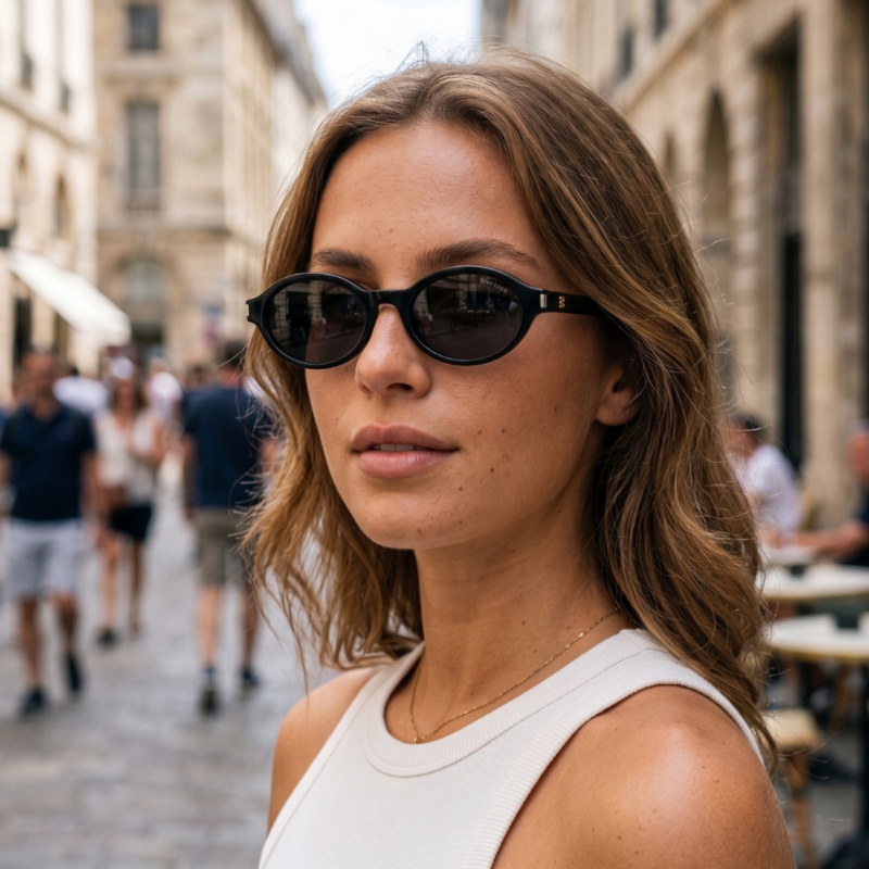 Portrait d'une femme portant les lunettes de soleil rétro BLUE EYES AT1148 en acétate noir et verres gris foncé fumé