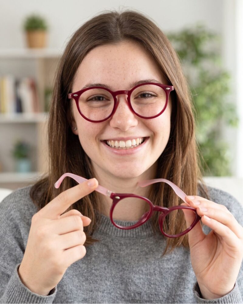 Présentation en main des lunettes de vue enfant Prestigio montrant la face bordeaux et les branches rose translucide