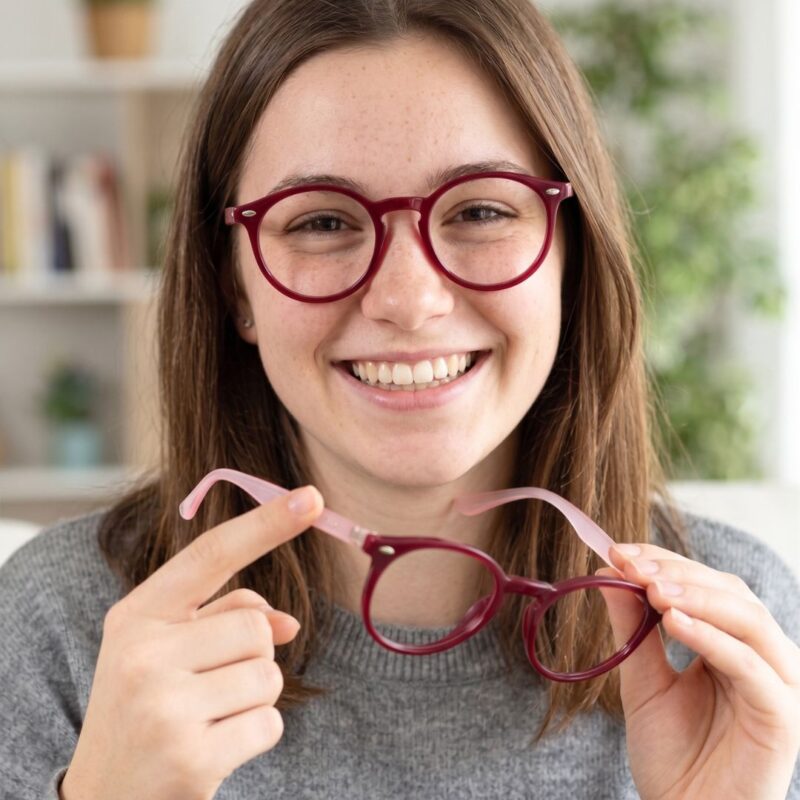 Présentation en main des lunettes de vue enfant Prestigio montrant la face bordeaux et les branches rose translucide