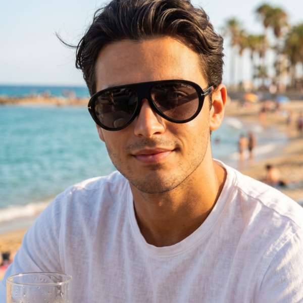 Jeune homme en t-shirt blanc portant les lunettes de soleil aviateur BLUE EYES AT1255 noires sur une plage en Tunisie.