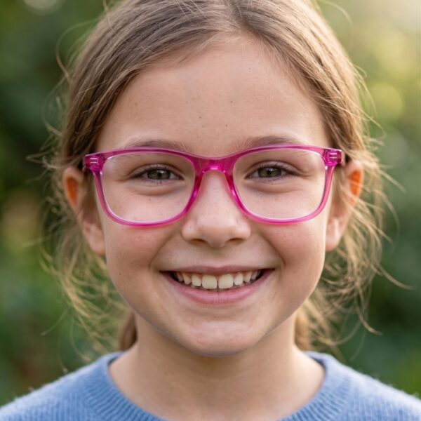 Fillette souriante portant les lunettes de vue enfant SUMMIT RH227 rose C205 AZZABI OPTIC
