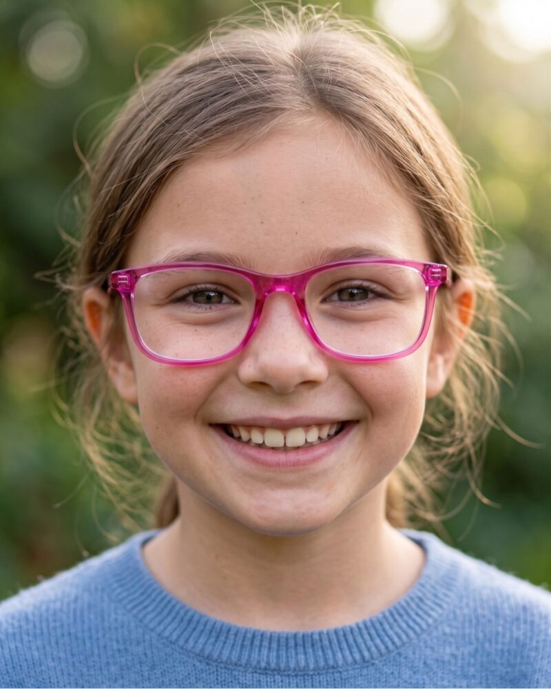 Fillette souriante portant les lunettes de vue enfant SUMMIT RH227 rose C205 AZZABI OPTIC