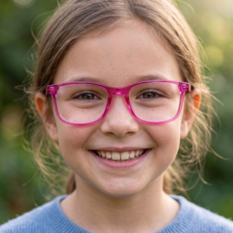 Fillette souriante portant les lunettes de vue enfant SUMMIT RH227 rose C205 AZZABI OPTIC