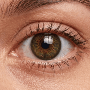 Gros plan d'un œil portant la lentille ADRIA Pure Hazel au fini noisette ambré naturel.