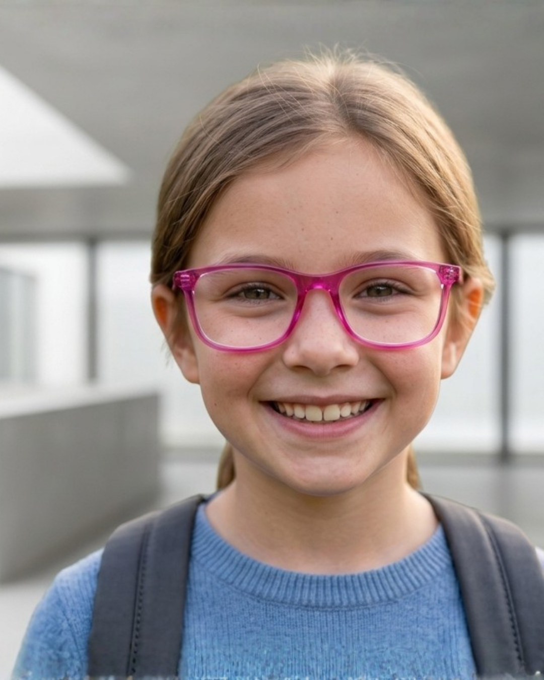 Écolière souriante portant une monture flexible rose translucide, sac à dos sur les épaules