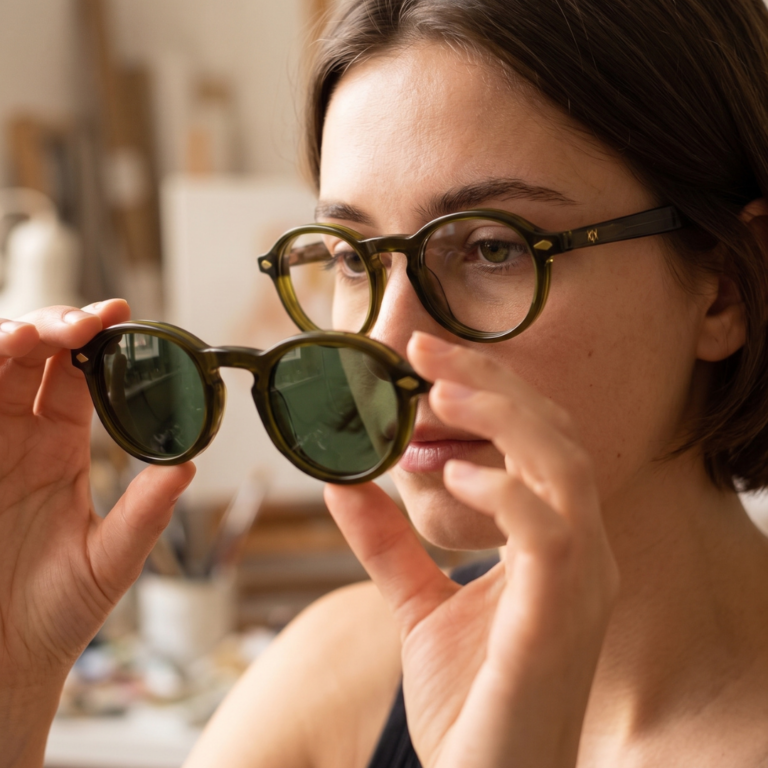 Femme portant des lunettes de vue avec clip solaire magnétique KAVAK KV20147 en acétate vert olive translucide chez AZZABI OPTIC