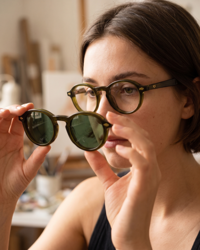 Femme portant des lunettes de vue avec clip solaire magnétique KAVAK KV20147 en acétate vert olive translucide chez AZZABI OPTIC