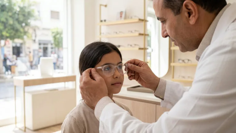 Opticien ajustant une monture transparente de lunettes de vue sur le visage d'une petite fille en boutique