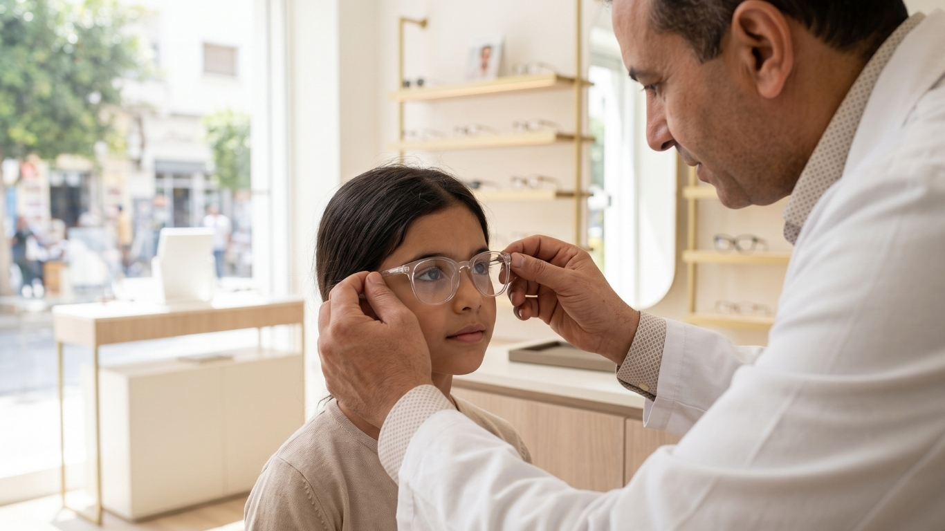 Lunettes de vue enfant : essayage par une fillette chez l'opticien, cadre (monture) ajusté à Tunis