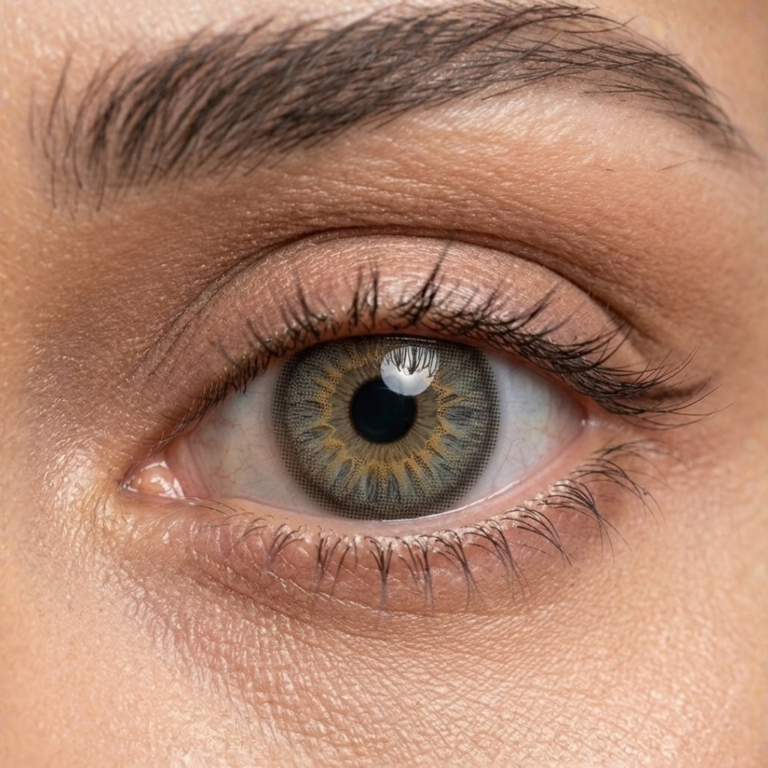 Gros plan sur un œil portant les lentilles de contact grises SOFT VISION PB GRAY révélant les reflets noisette et l'anneau limbaire
