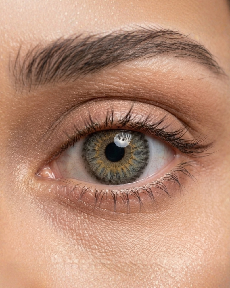 Gros plan sur un œil portant les lentilles de contact grises SOFT VISION PB GRAY révélant les reflets noisette et l'anneau limbaire