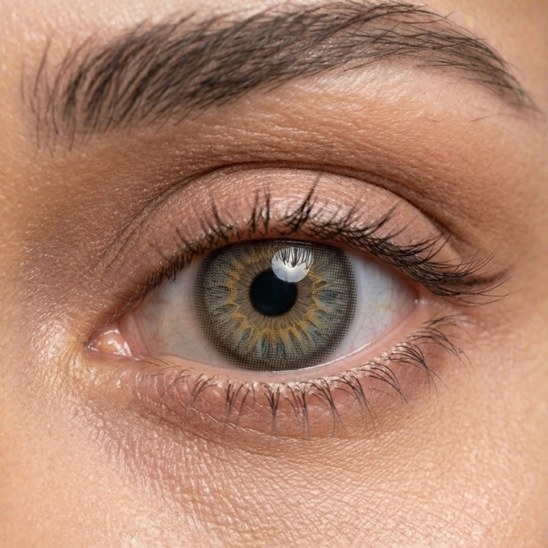 Gros plan sur un œil portant les lentilles de contact grises SOFT VISION PB GRAY révélant les reflets noisette et l'anneau limbaire