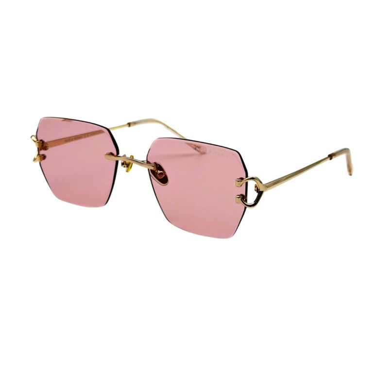 lunettes-de-soleil-noe-noah-tubo-rose-3-4 Lunettes de soleil NOE & NOAH TUBO rimless monture dorée et verres rose bonbon en vue de trois-quarts chez AZZABI OPTIC