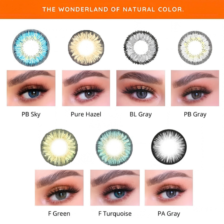 Nuancier comparatif des lentilles de contact Soft Vision présentant la teinte F-Turquoise parmi les autres déclinaisons sur œil