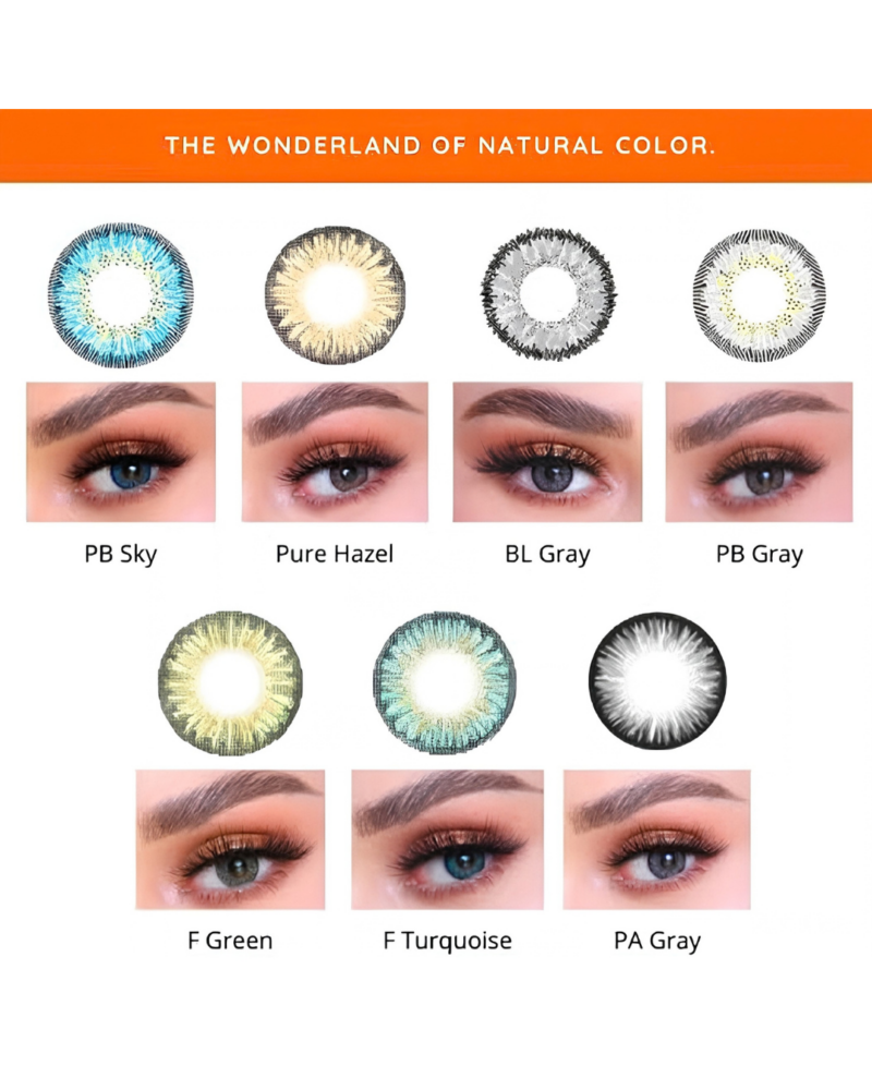 Nuancier comparatif des lentilles de contact Soft Vision présentant la teinte F-Turquoise parmi les autres déclinaisons sur œil