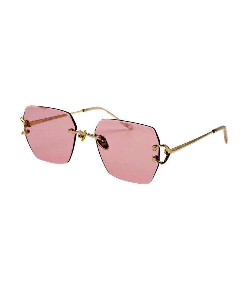 lunettes-de-soleil-noe-noah-tubo-rose-3-4 Lunettes de soleil NOE & NOAH TUBO rimless monture dorée et verres rose bonbon en vue de trois-quarts chez AZZABI OPTIC