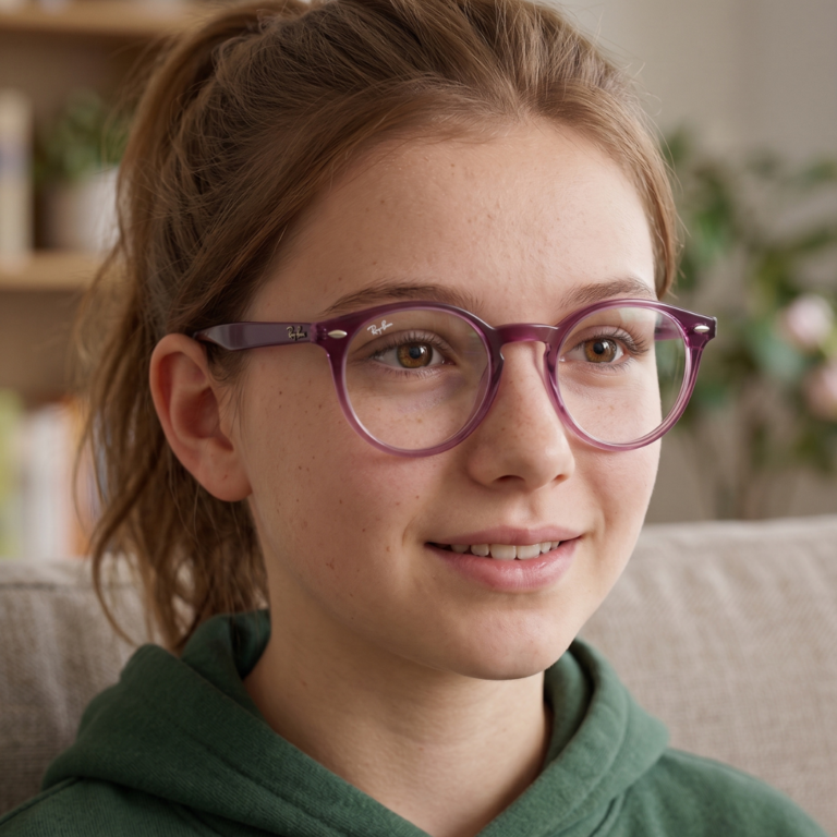 Jeune fille portant la monture Ray-Ban Junior RY 1594 coloris magenta framboise translucide