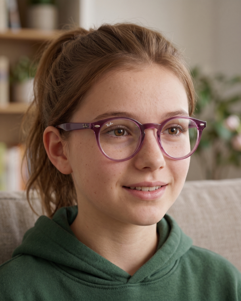 Jeune fille portant la monture Ray-Ban Junior RY 1594 coloris magenta framboise translucide