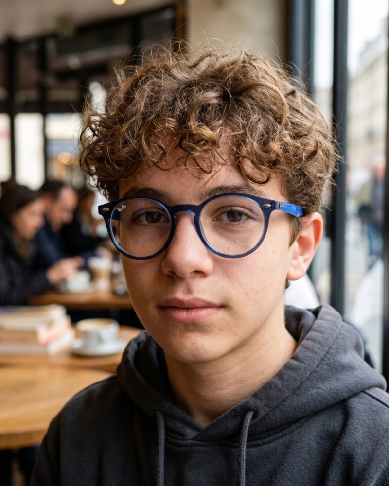 Garçon portant les lunettes de vue Ray-Ban Junior RY 1594 pantos bleu denim et branches bleu roi