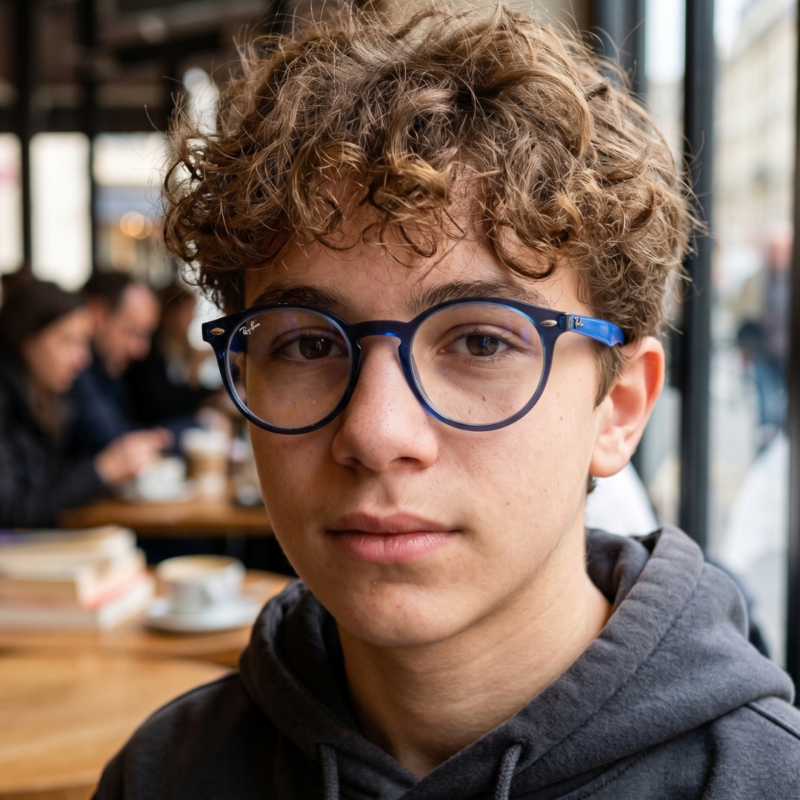 Garçon portant les lunettes de vue Ray-Ban Junior RY 1594 pantos bleu denim et branches bleu roi