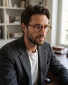Homme en veste portant les lunettes rondes Noé & Noah HD2304 ambre roux