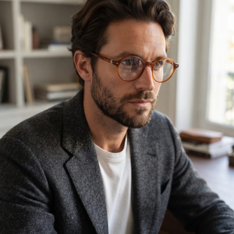 Homme en veste portant les lunettes rondes Noé & Noah HD2304 ambre roux