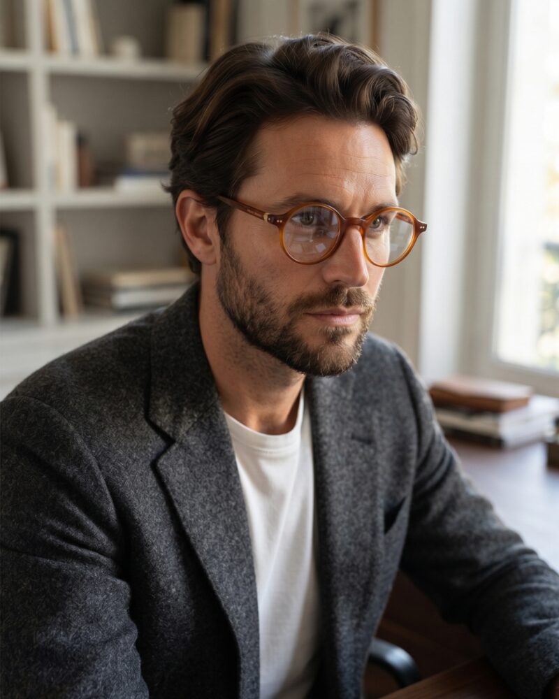 Homme en veste portant les lunettes rondes Noé & Noah HD2304 ambre roux
