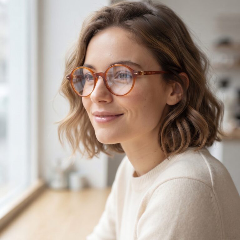 Femme lumineuse portant des lunettes de vue Noé & Noah HD2304 ambre roux
