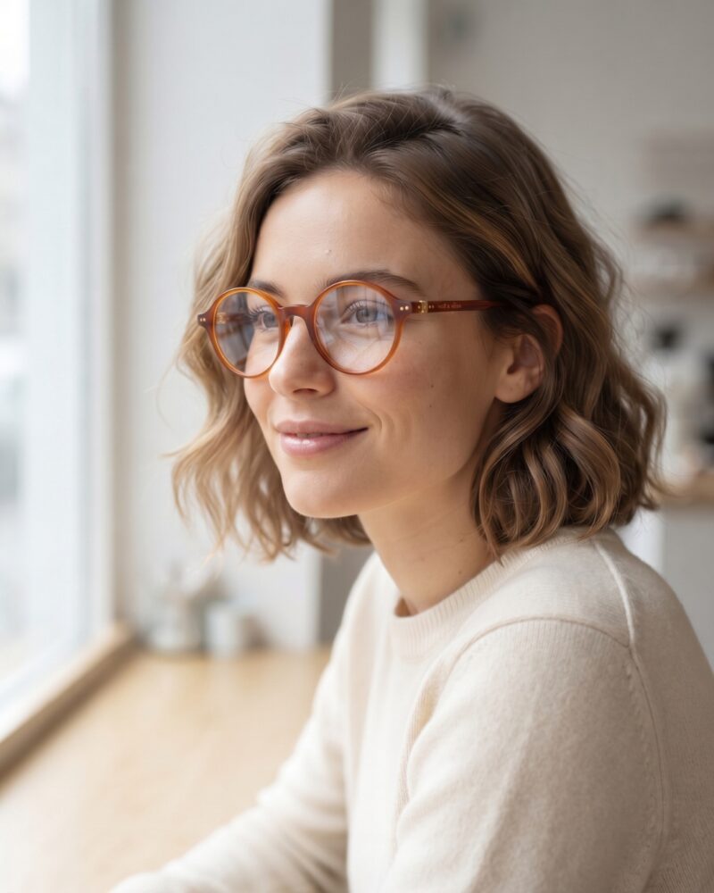 Femme lumineuse portant des lunettes de vue Noé & Noah HD2304 ambre roux