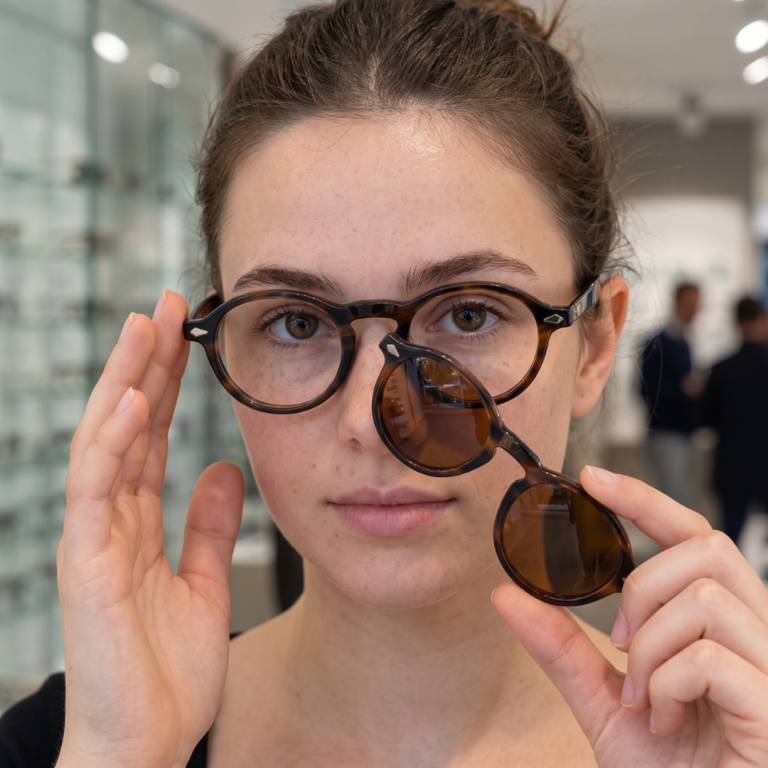 Essayage en boutique de lunettes de vue avec clip solaire magnétique KAVAK KV20147 écaille ambrée Amber Tortoise