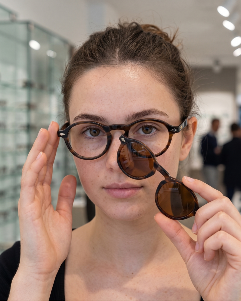 Essayage en boutique de lunettes de vue avec clip solaire magnétique KAVAK KV20147 écaille ambrée Amber Tortoise