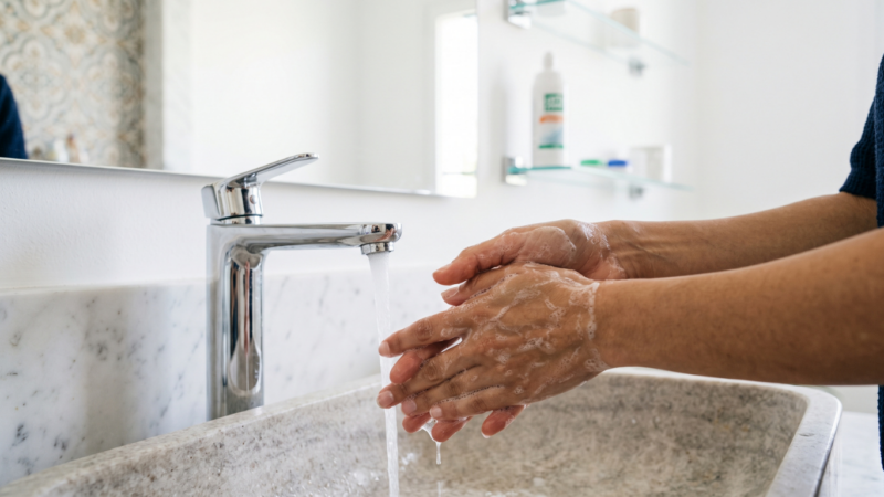 Lavage des mains au savon avant de manipuler des lentilles de contact