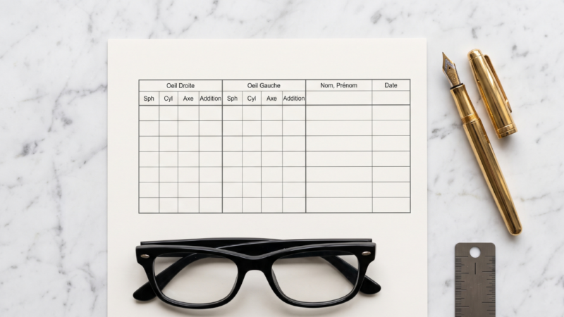 Fiche de prescription visuelle avec stylo plume et monture de lunettes noires chez Azzabi Optic