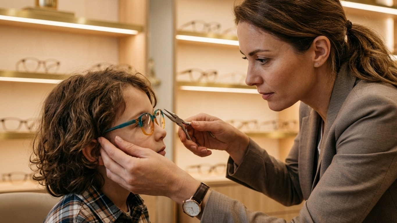 Lunettes de vue enfant : ajustement du cadre (monture) en atelier d'optique
