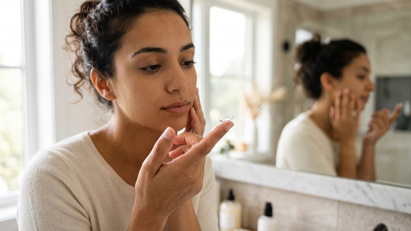 Pose d'une lentille journalière jetable neuve sur le bout de l'index devant un miroir
