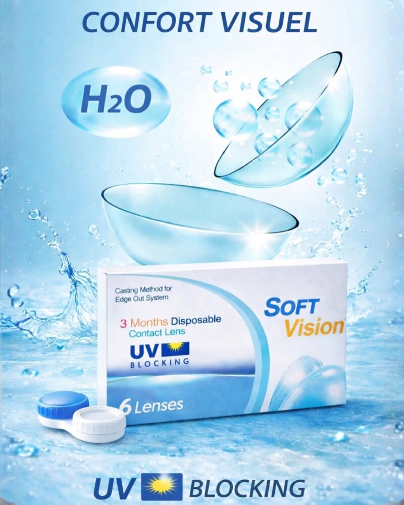 Image promotionnelle de lentilles de contact Soft Vision avec des éclaboussures d'eau, des bulles, et le texte "Confort Visuel" et "H2O", soulignant l'hydratation et la protection UV.