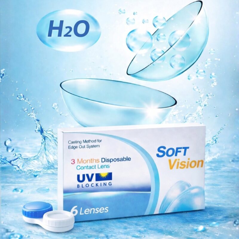 Image promotionnelle de lentilles de contact Soft Vision avec des éclaboussures d'eau, des bulles, et le texte "Confort Visuel" et "H2O", soulignant l'hydratation et la protection UV.