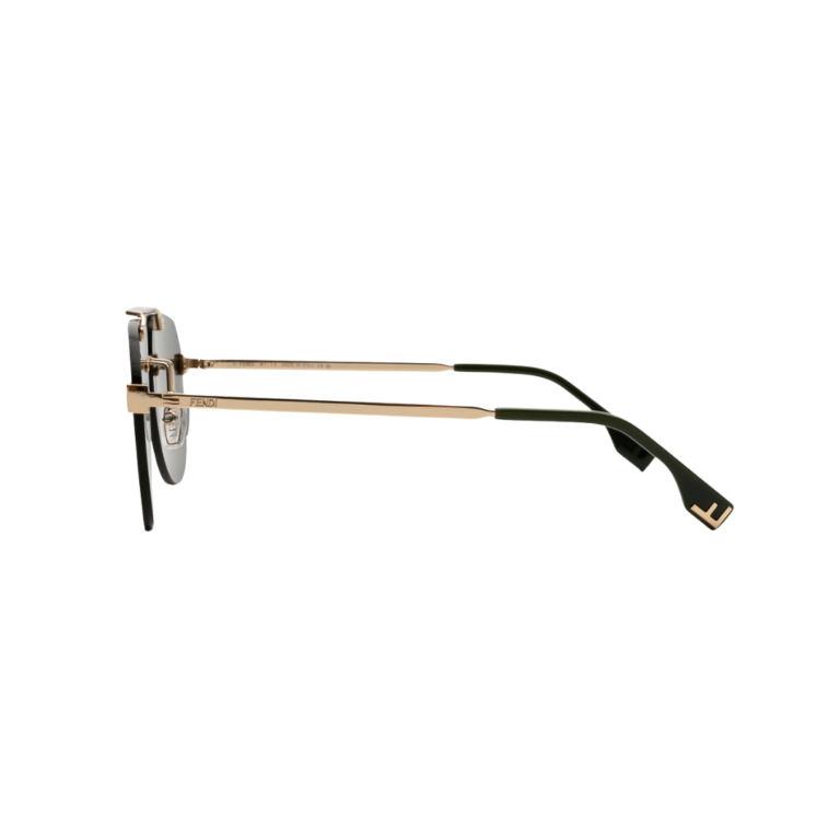 Profil des lunettes Fendi FE 40115U avec branches dorées gravées Fendi et manchons géométriques vert foncé