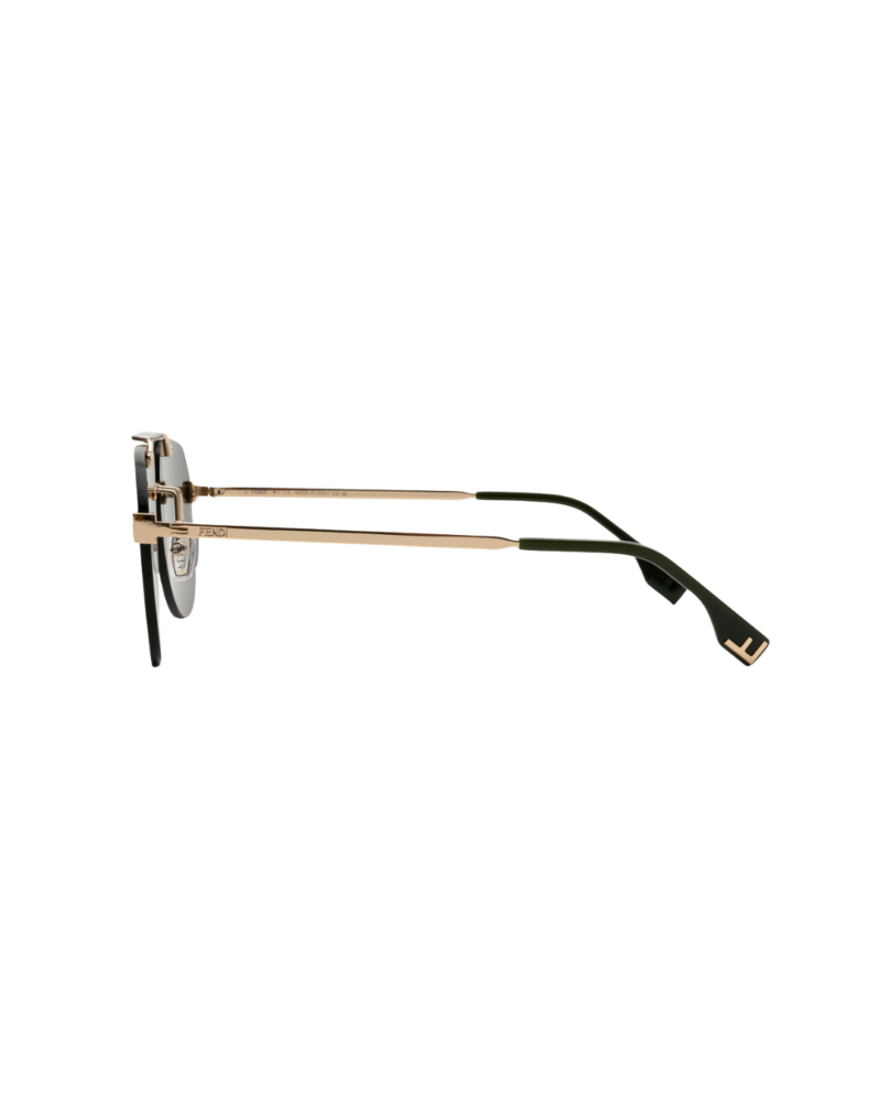 Profil des lunettes Fendi FE 40115U avec branches dorées gravées Fendi et manchons géométriques vert foncé