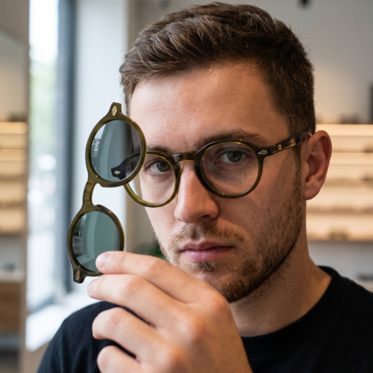 Homme portant des lunettes de vue avec clip solaire magnétique KAVAK KV20147 pantos vert olive translucide