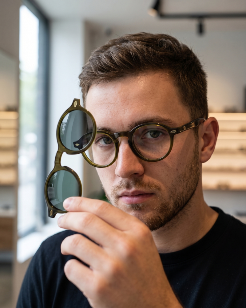 Homme portant des lunettes de vue avec clip solaire magnétique KAVAK KV20147 pantos vert olive translucide